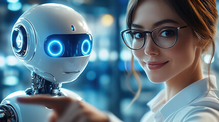 Women and robots are communicating, the concept of artificial intelligence