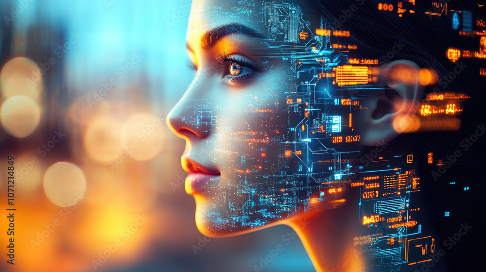 Poster a mesmerizing visual of a woman's face overlaid with flowing streams of glowing digital data represe