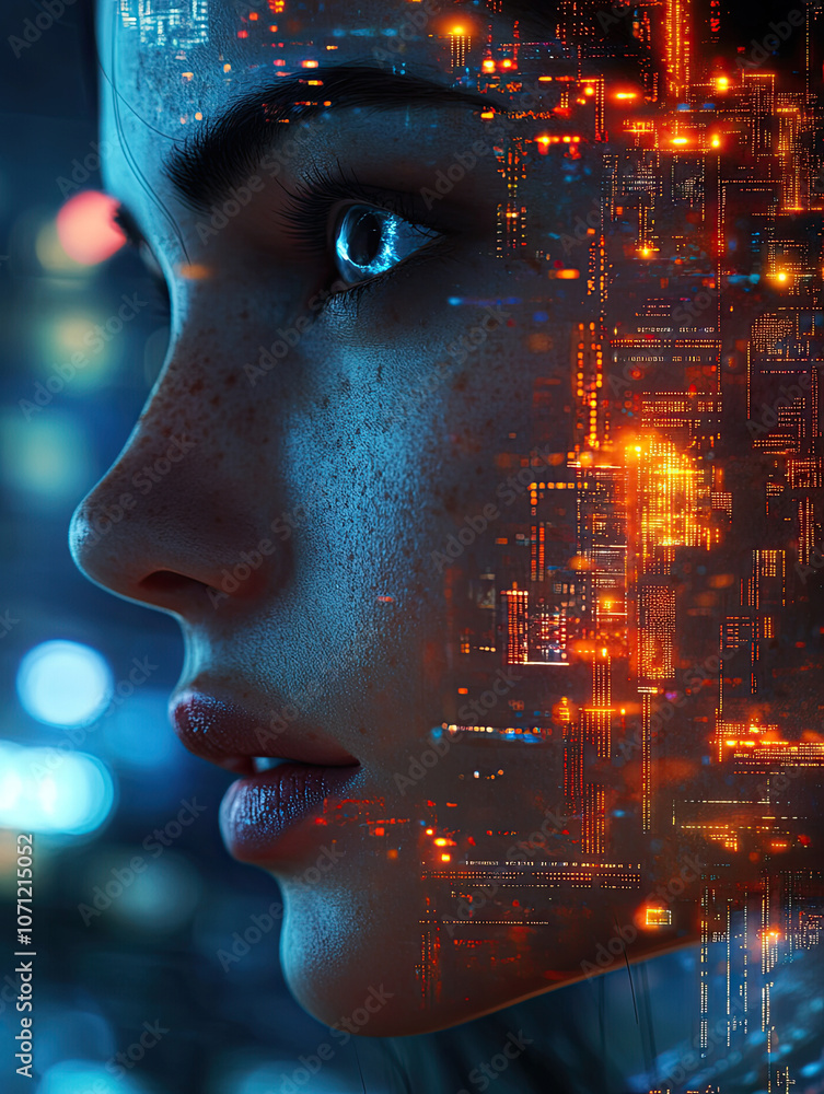 Poster a mesmerizing visual of a woman's face overlaid with flowing streams of glowing digital data represe