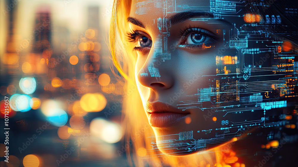 Poster a mesmerizing visual of a woman's face overlaid with flowing streams of glowing digital data represe