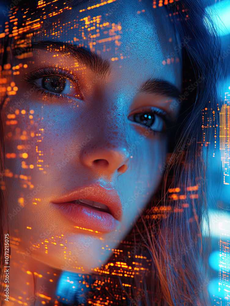 Poster a mesmerizing visual of a woman's face overlaid with flowing streams of glowing digital data represe