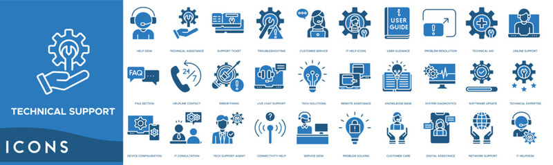 Technical Support icon. Help Desk, Technical Assistance, Support Ticket, Troubleshooting and Customer Service