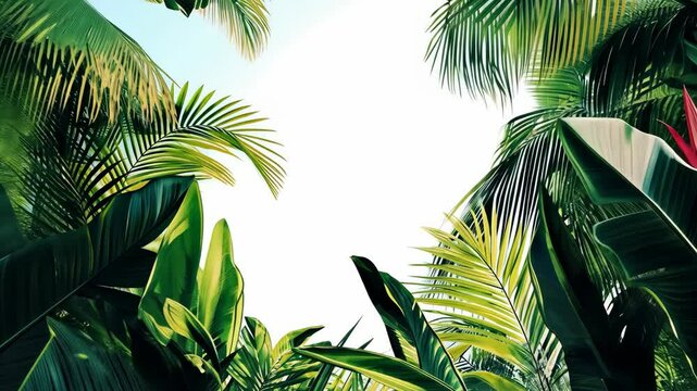 Green palm leaves frame a bright blue sky in a tropical jungle