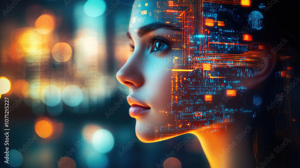 Poster a mesmerizing visual of a woman's face overlaid with flowing streams of glowing digital data represe