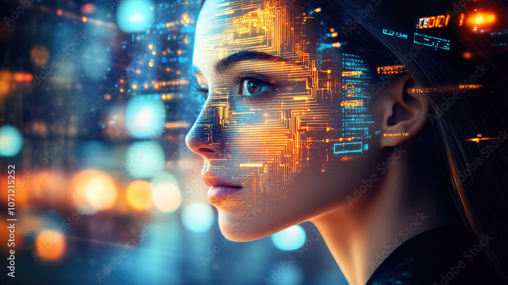 Poster a mesmerizing visual of a woman's face overlaid with flowing streams of glowing digital data represe