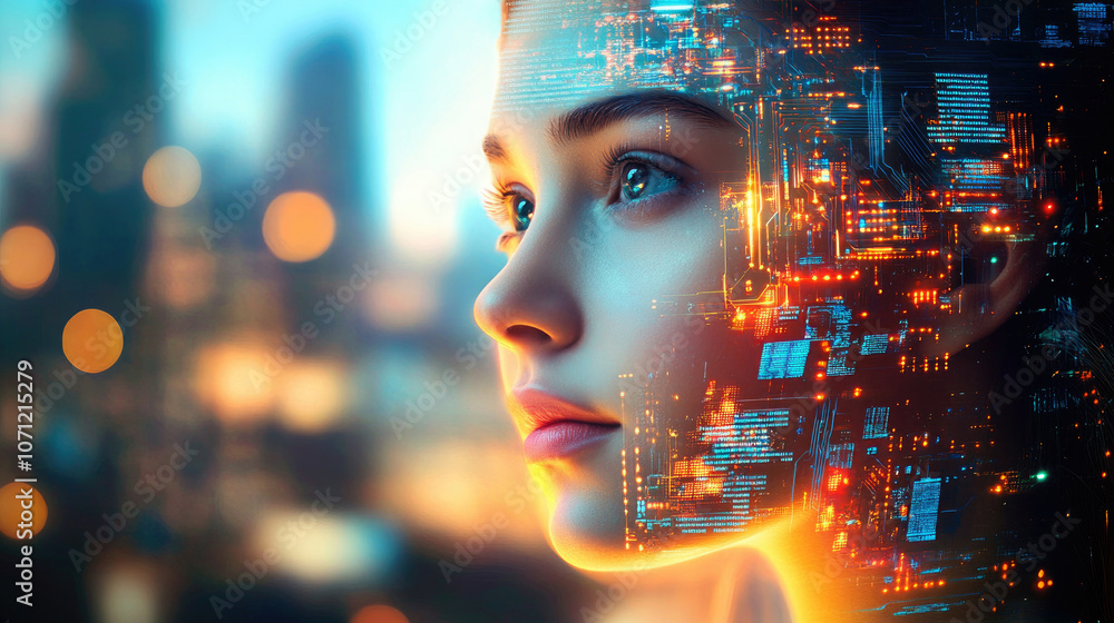 Poster a mesmerizing visual of a woman's face overlaid with flowing streams of glowing digital data represe