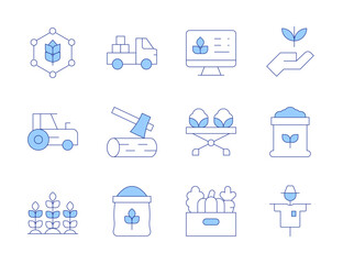 Farm icons. Line Duotone style, editable stroke. scarecrow, wood, market, rye, smart farm, wheat, flour, sprout, tractor, vegetables, soil, pick up truck
