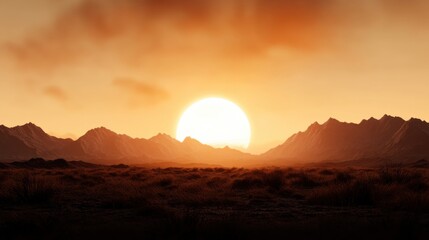 Silhouetted mountains under fiery orange sunset in serene spring atmosphere