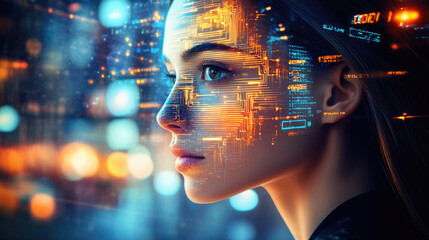 A mesmerizing visual of a woman's face overlaid with flowing streams of glowing digital data representing AI