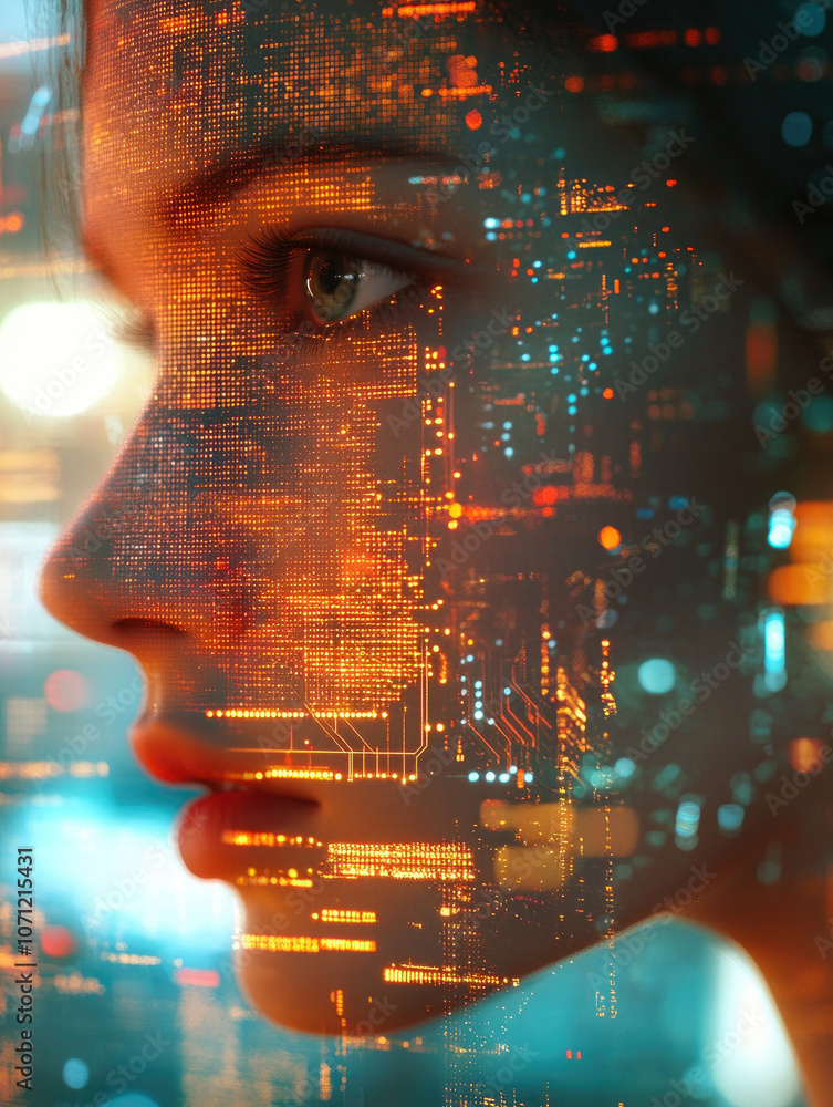 Poster a mesmerizing visual of a woman's face overlaid with flowing streams of glowing digital data represe
