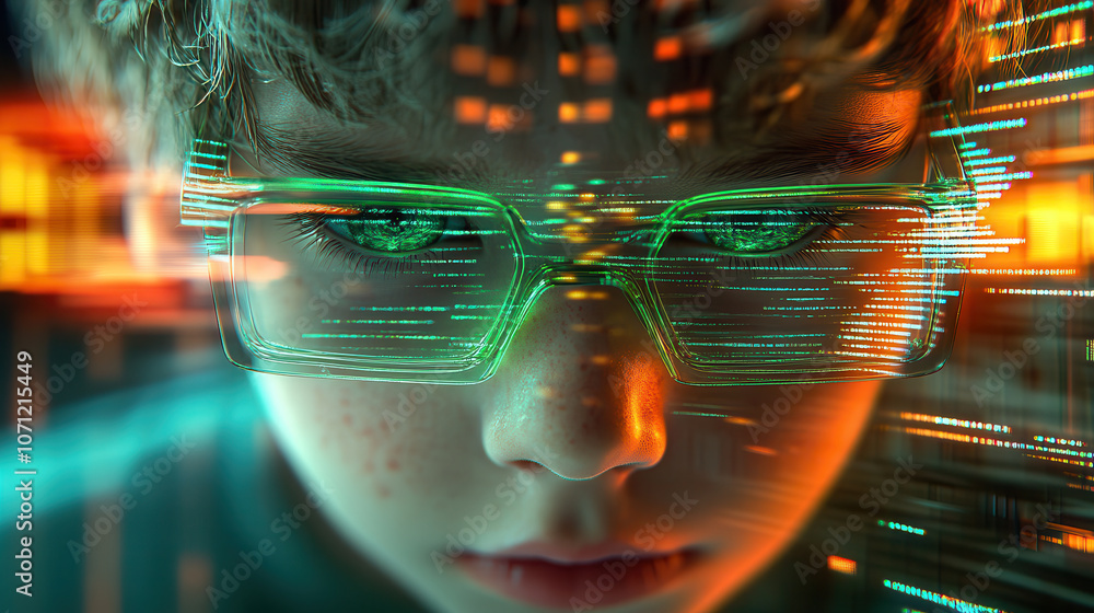 Poster child with futuristic glasses immersed in digital data, showcasing blend of technology and curiosity
