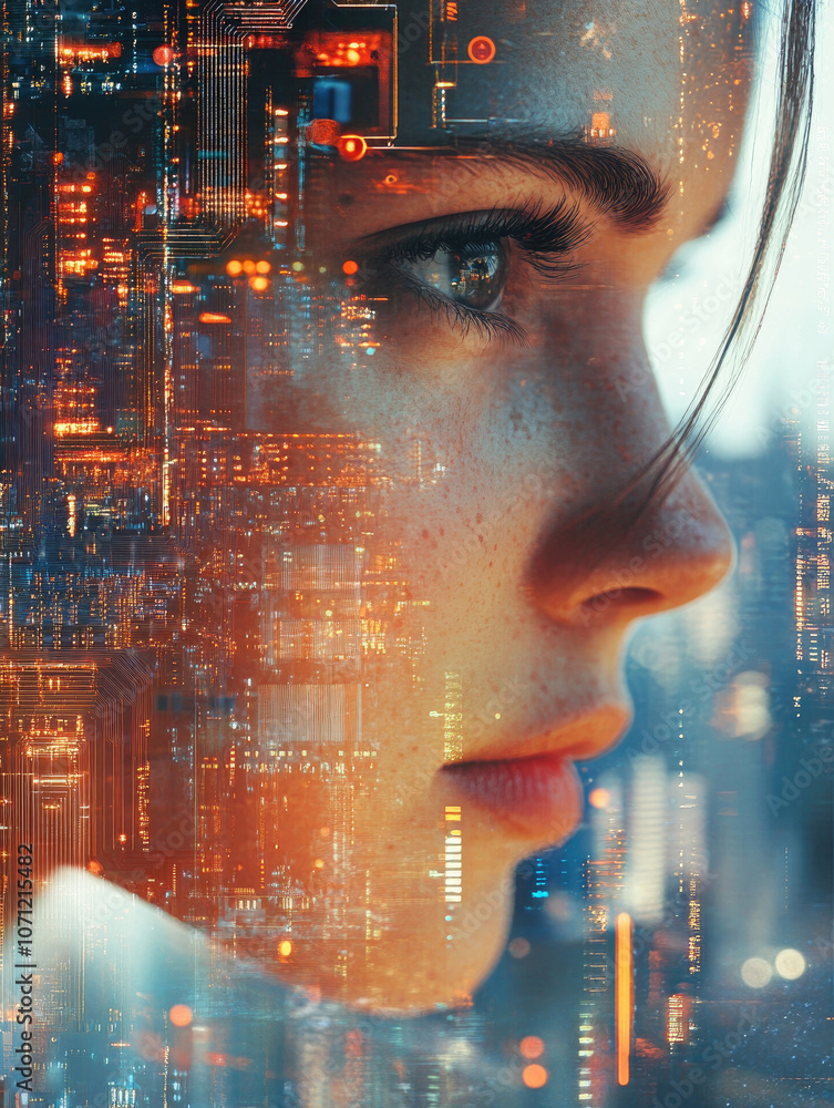 Poster a mesmerizing visual of a woman's face overlaid with flowing streams of glowing digital data represe
