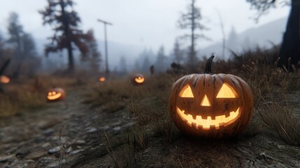 Spooky halloween night in foggy forest with glowing pumpkins