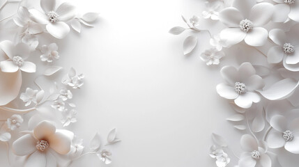 Elegant white floral background featuring delicate paper flowers and leaves arranged artistically. Perfect for wedding invitations, greeting cards, or elegant designs.