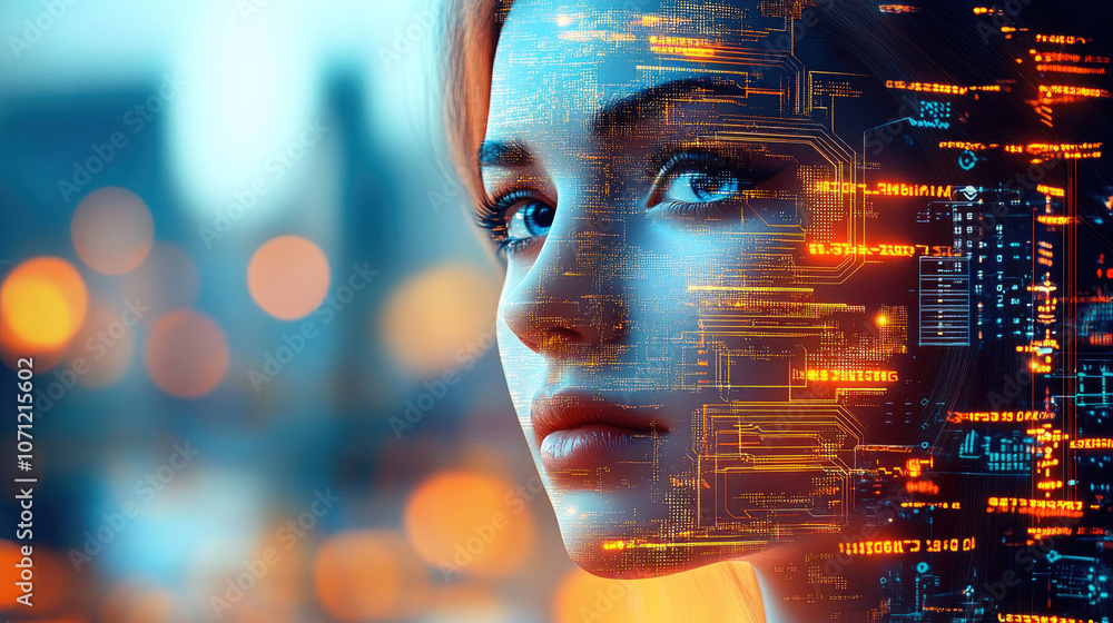 Poster a mesmerizing visual of a woman's face overlaid with flowing streams of glowing digital data represe