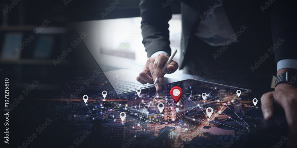 Poster businessman using internet network on digital tablet computer searching location target by gps navig