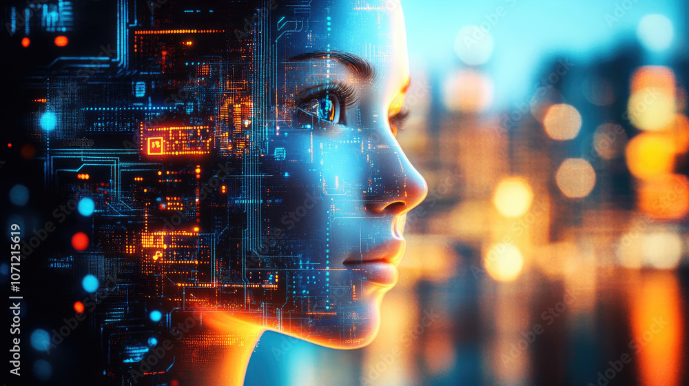 Poster a mesmerizing visual of a woman's face overlaid with flowing streams of glowing digital data represe