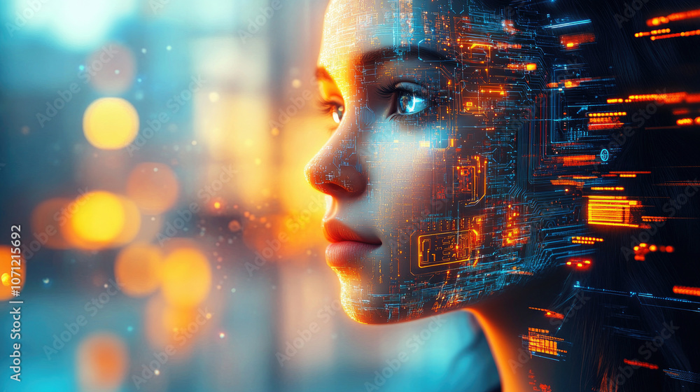 Poster a mesmerizing visual of a woman's face overlaid with flowing streams of glowing digital data represe