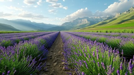 Naklejka premium Lavender fields with mountain range in the background