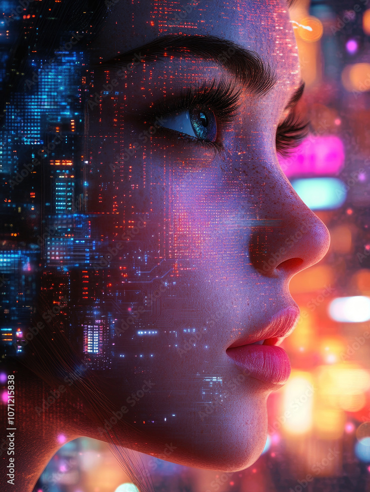 Poster a mesmerizing visual of a woman's face overlaid with flowing streams of glowing digital data represe