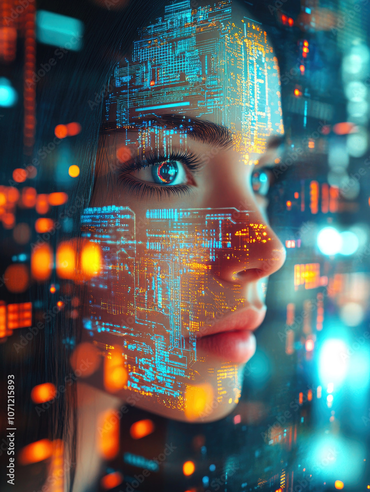 Poster a mesmerizing visual of a woman's face overlaid with flowing streams of glowing digital data represe