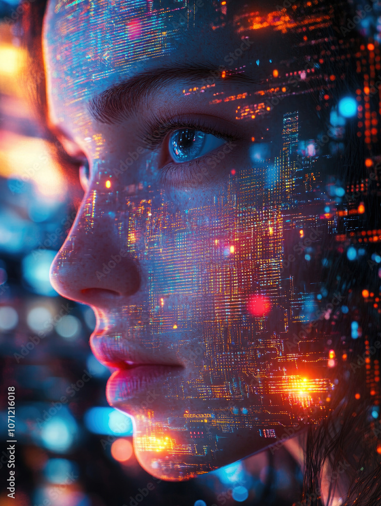 Poster a mesmerizing visual of a woman's face overlaid with flowing streams of glowing digital data represe
