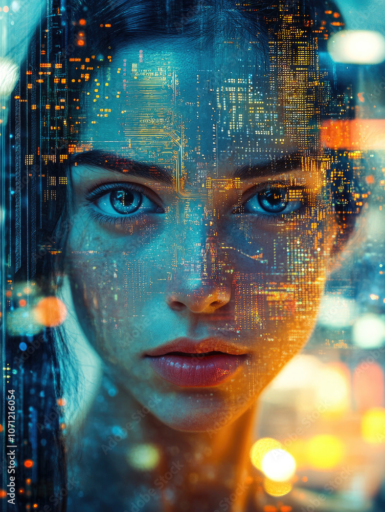 Poster a mesmerizing visual of a woman's face overlaid with flowing streams of glowing digital data represe