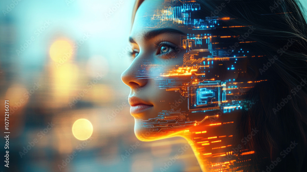 Poster a mesmerizing visual of a woman's face overlaid with flowing streams of glowing digital data represe