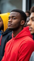 Unity and confidence in a diverse group of young men in vibrant hoodies