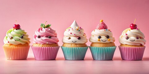 Five adorable cupcake characters with unique expressions and toppings against a soft pink background , cupcake, characters
