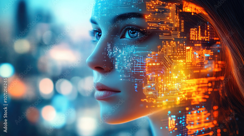 Poster a mesmerizing visual of a woman's face overlaid with flowing streams of glowing digital data represe