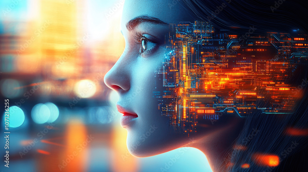 Poster a mesmerizing visual of a woman's face overlaid with flowing streams of glowing digital data represe