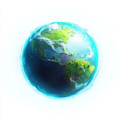 A 3D icon of Earth with bright blue oceans and green continents, isolated with a soft glow on a white background