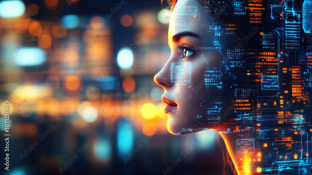 Poster a mesmerizing visual of a woman's face overlaid with flowing streams of glowing digital data represe