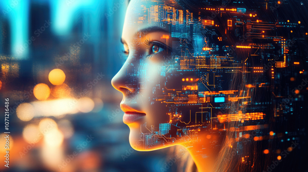 Poster a mesmerizing visual of a woman's face overlaid with flowing streams of glowing digital data represe