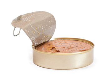 Opened Tin Can with Chicken Liver Pate Isolated on White Background. Open Canned Pate - Isolation