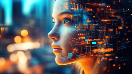 A mesmerizing visual of a woman's face overlaid with flowing streams of glowing digital data representing AI