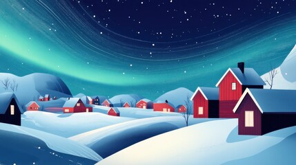 Fototapeta premium Aurora's Embrace: Nordic Village Serenity