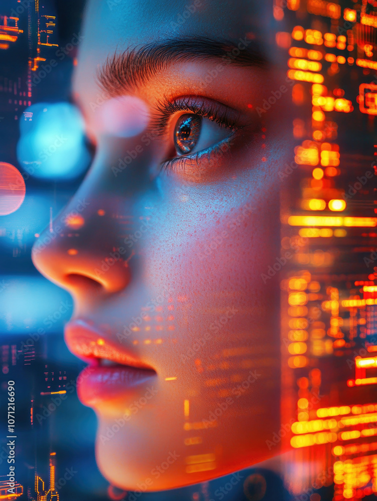 Poster a mesmerizing visual of a woman's face overlaid with flowing streams of glowing digital data represe