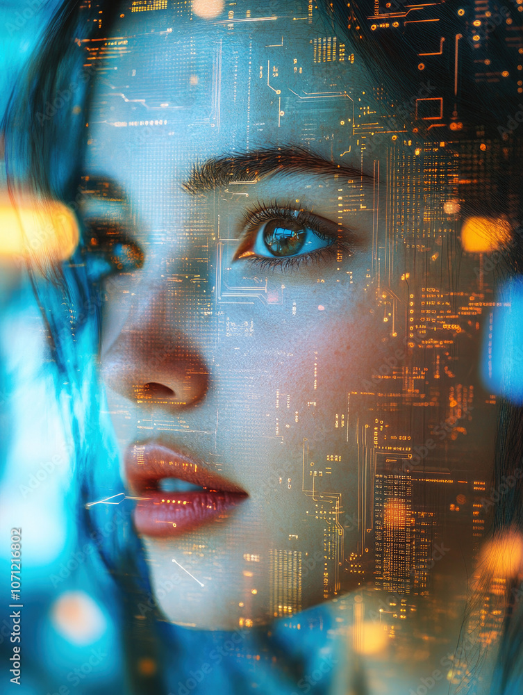 Poster a mesmerizing visual of a woman's face overlaid with flowing streams of glowing digital data represe