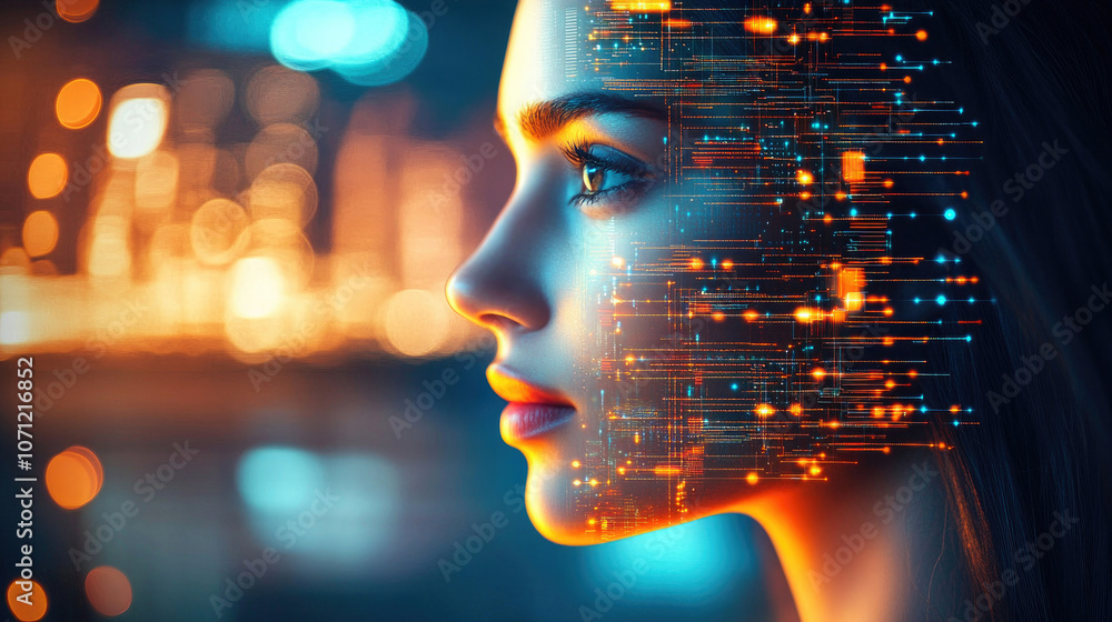 Poster a mesmerizing visual of a woman's face overlaid with flowing streams of glowing digital data represe