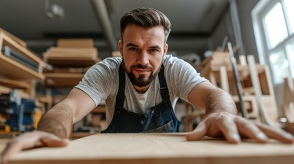 Fototapeta premium Woodworking enthusiast surrounded by craft tools in workshop setting