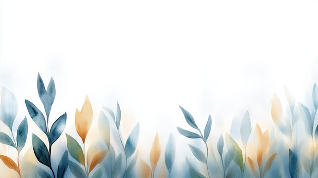 Elegant watercolor floral design featuring blue and orange leaves, creating serene and calming atmosphere. Perfect for invitations or backgrounds
