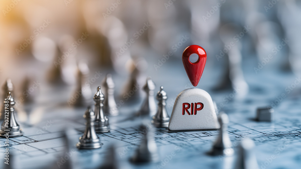Poster map view with tiny red pin icon indicating cemetery location, surrounded by chess pieces, creating u