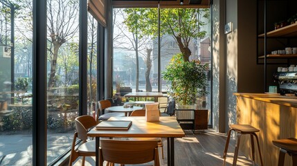 Obraz premium Stylish Workspace in a Modern Coffee Shop