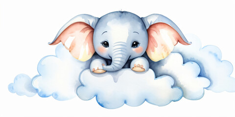 Obraz premium An elephant sleeps peacefully on fluffy clouds in a watercolor dream.