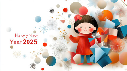 Happy New Year 2025 design featuring cheerful girl with colorful gifts and festive decorations. Celebrate joy of new year with vibrant colors and playful elements