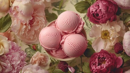 Pink Ice Cream Scoops Surrounded by Delicate Pink Flowers