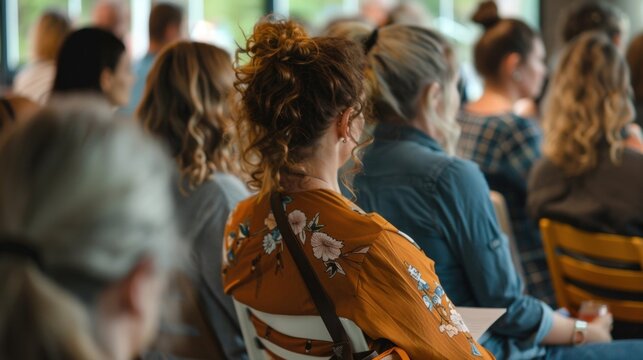 A speaker giving a talk on the health benefits and importance of mindful drinking as attentive listeners take notes.