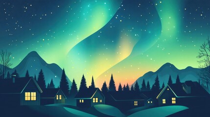 Fototapeta premium Aurora's Embrace: Nordic Village Serenity